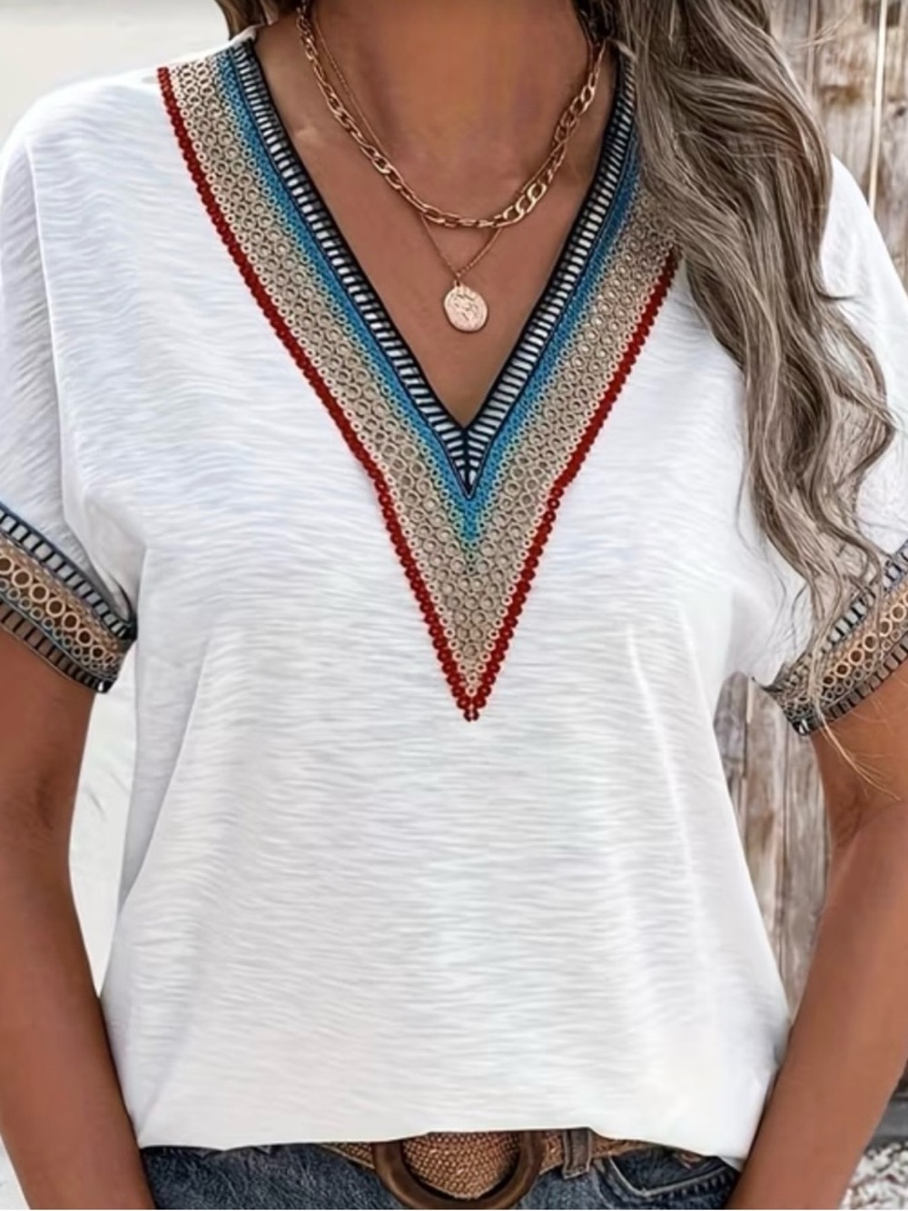 Women's White V-Neck Embroidered Boho Top